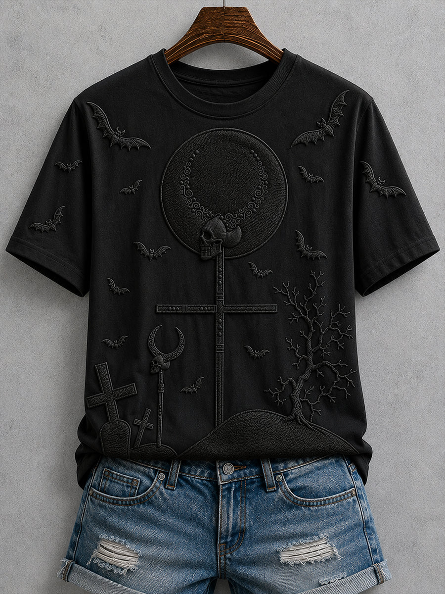 Women's Gothic Halloween Cemetery Scene Print Short-sleeved T-shirt