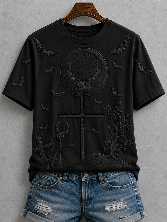 Women's Gothic Halloween Cemetery Scene Print Short-sleeved T-shirt