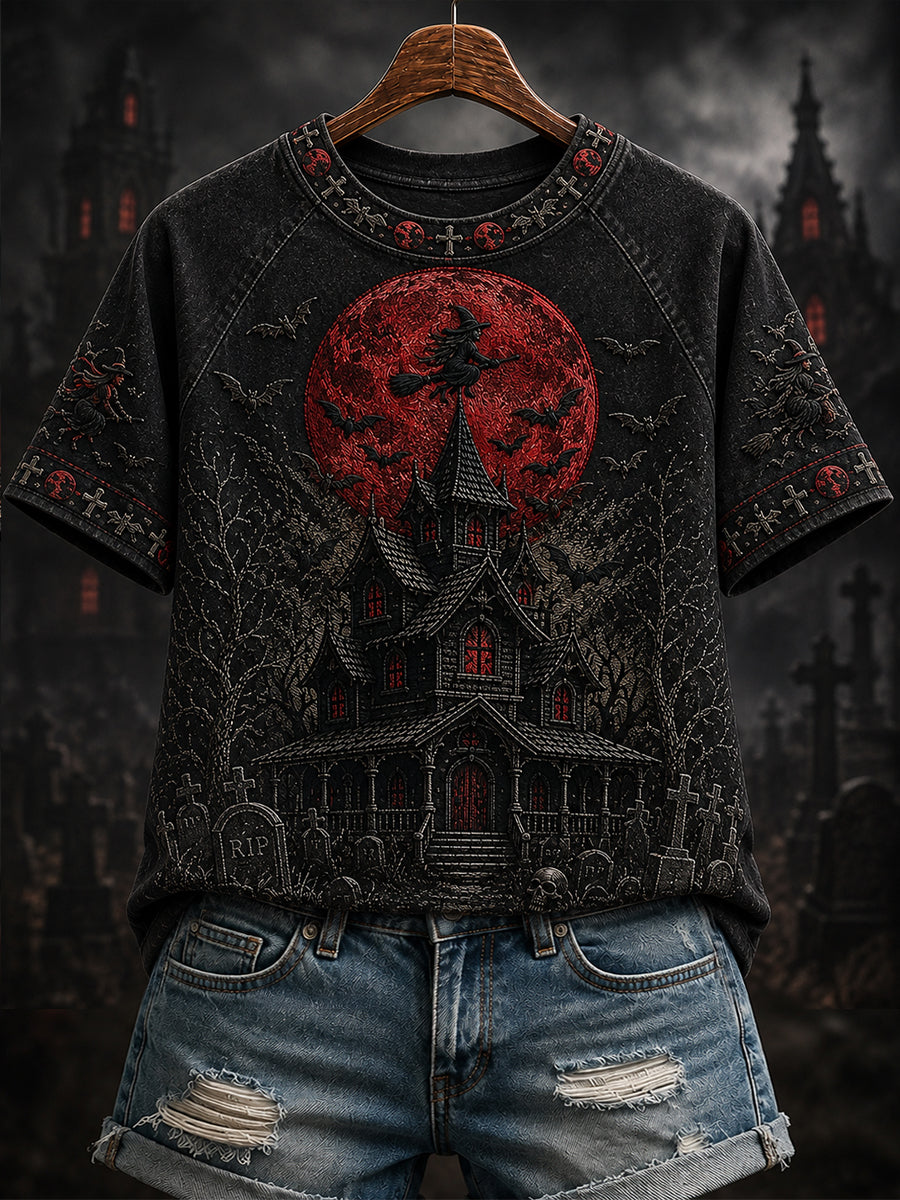 Women's Witch Moon Halloween Print Round Neck Short Sleeve T-shirt