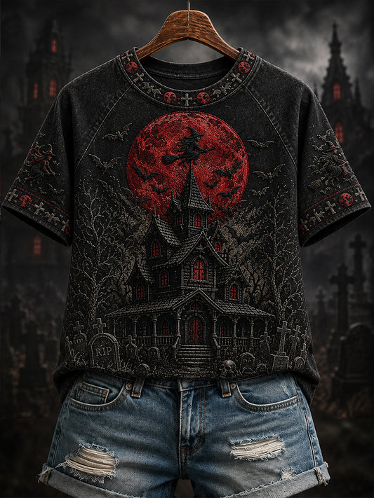 Women's Witch Moon Halloween Print Round Neck Short Sleeve T-shirt