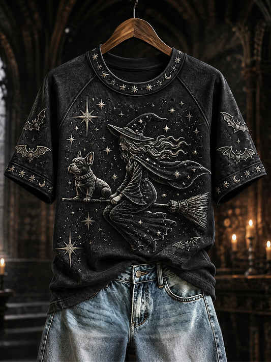 Women's Halloween Night Witch & Bulldog Mystical Print short sleeve T-shirt