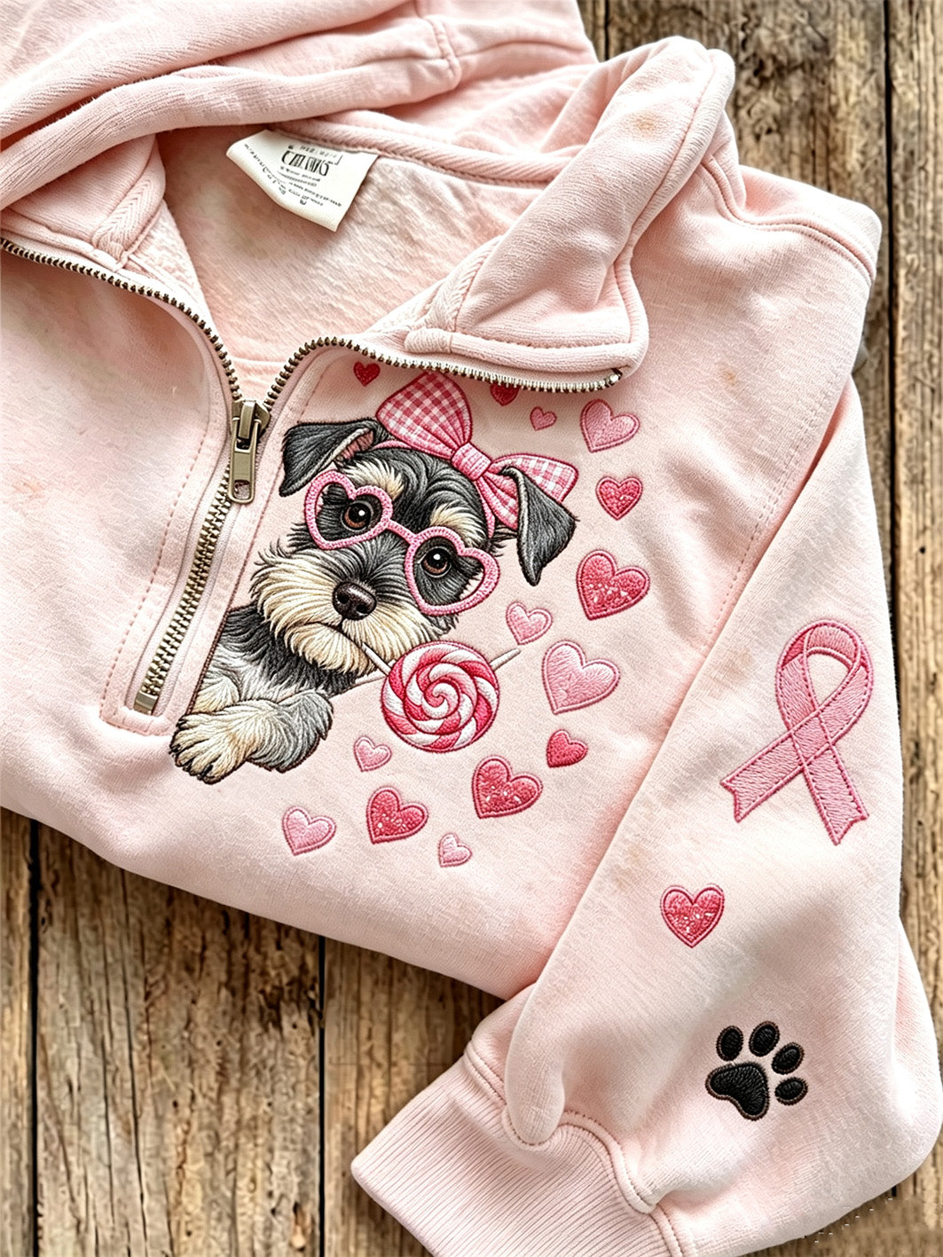 Women's Breast Cancer Themed Cute Dog Pattern Prints Casual Half-Zipper Sweatshirt