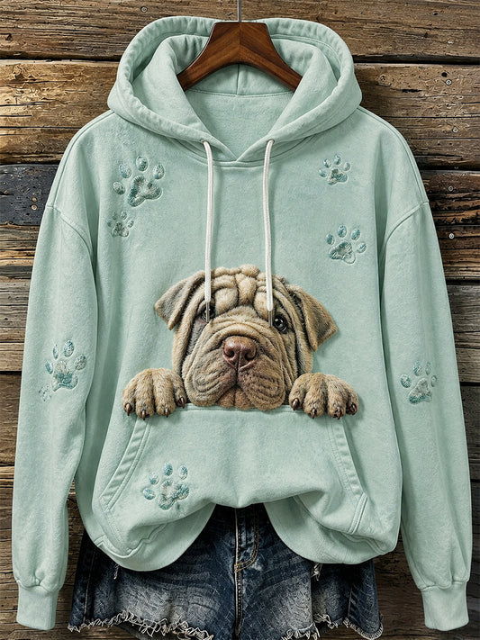 Women's Cute Shar Pei Dog & Paws Print Cozy Hoodie