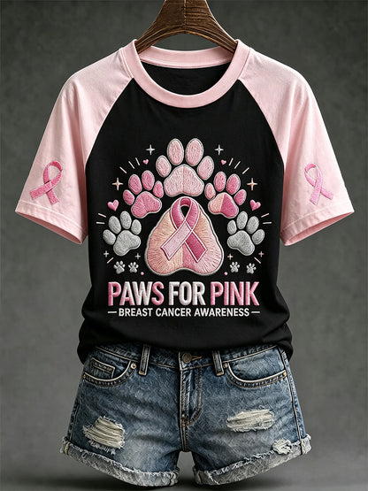 Women's Breast Cancer Theme Cute Dog Paw Pattern Prints Casual Short Sleeve T-Shirt