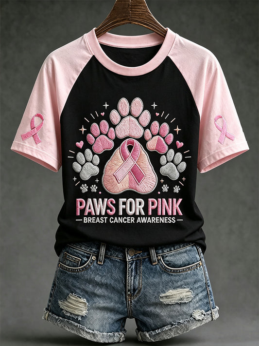 Women's Breast Cancer Theme Cute Dog Paw Pattern Prints Casual Short Sleeve T-Shirt