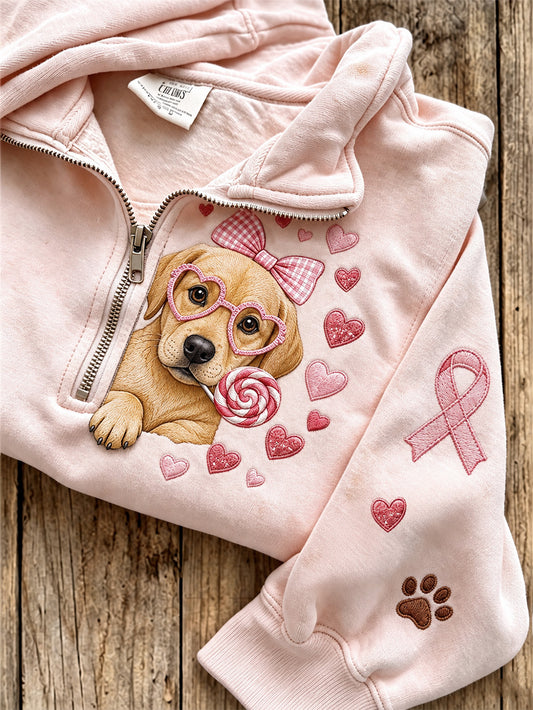Women's Breast Cancer Themed Cute Dog Pattern Prints Casual Half-Zipper Sweatshirt