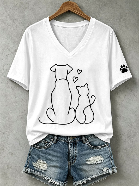 Women's Cute Cat and Dog Line Art T-Shirt