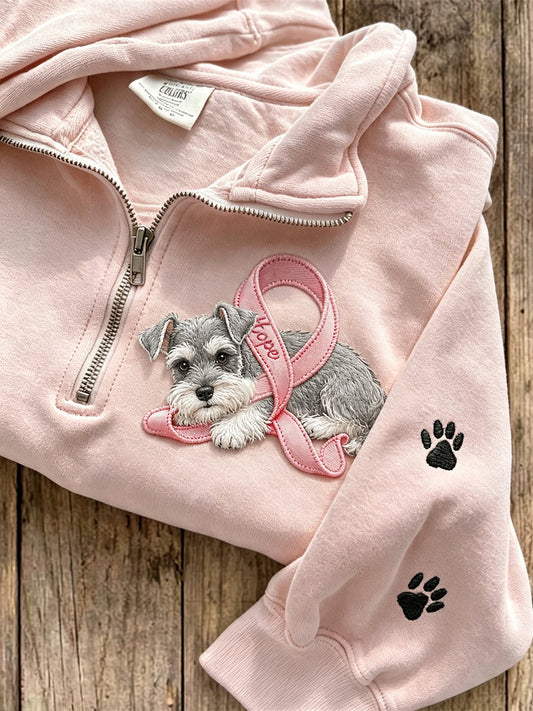 Women's Hope Pink Ribbon Schnauzer Dog & Paw Prints Zip Up Sweatshirt