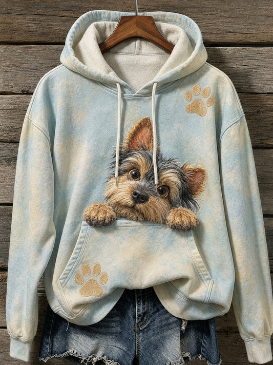 Women's Cute Yorkie Dog & Paws Print Cozy Hoodie