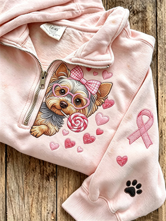 Women's Breast Cancer Themed Cute Dog Pattern Prints Casual Half-Zipper Sweatshirt