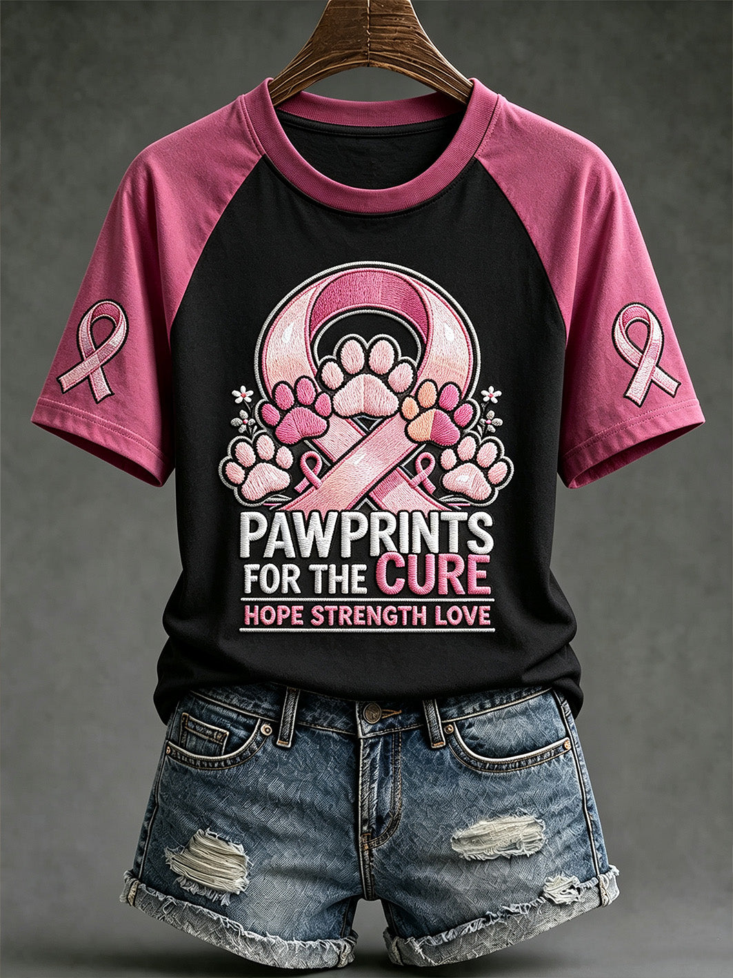 Women's Breast Cancer Theme Cute Dog Paw Pattern Prints Casual Short Sleeve T-Shirt