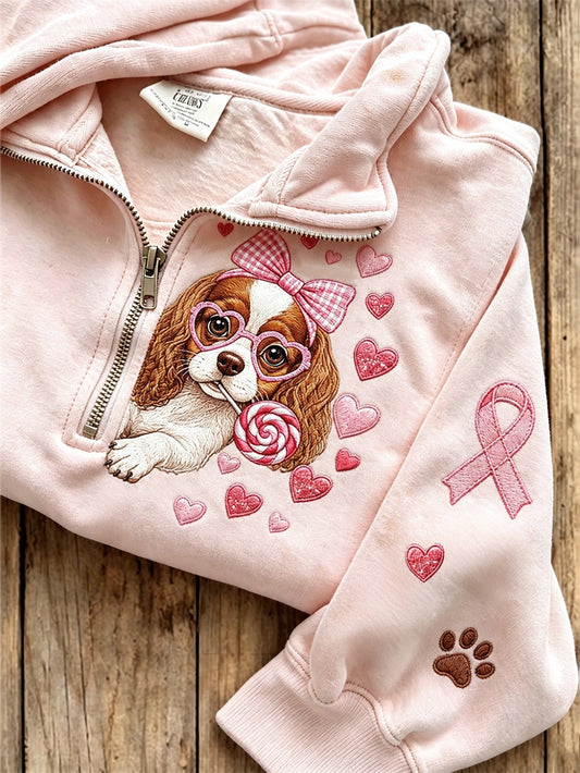 Women's Breast Cancer Themed Cute Dog Pattern Prints Casual Half-Zipper Sweatshirt