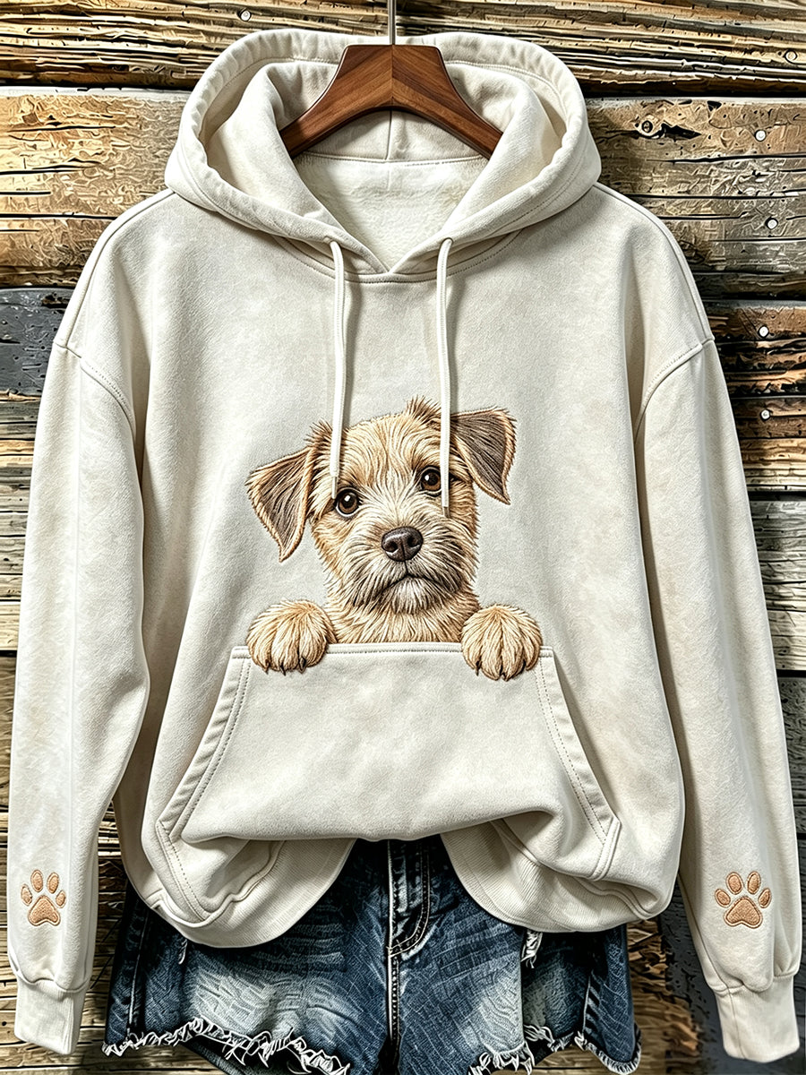 Women's Cute Border Terrier & Paws Print Cozy Hoodie