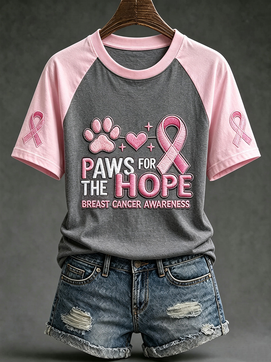 Women's Breast Cancer Theme Cute Dog Paw Pattern Prints Casual Short Sleeve T-Shirt