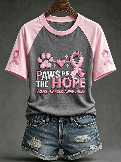 Women's Breast Cancer Theme Cute Dog Paw Pattern Prints Casual Short Sleeve T-Shirt