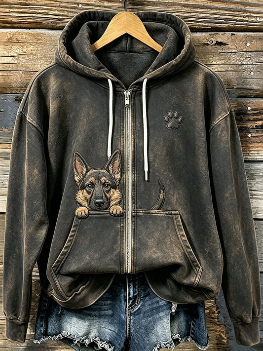 Women's Cute Peeking German Shepherd with Paw Print Cozy Zip-Up Hoodie