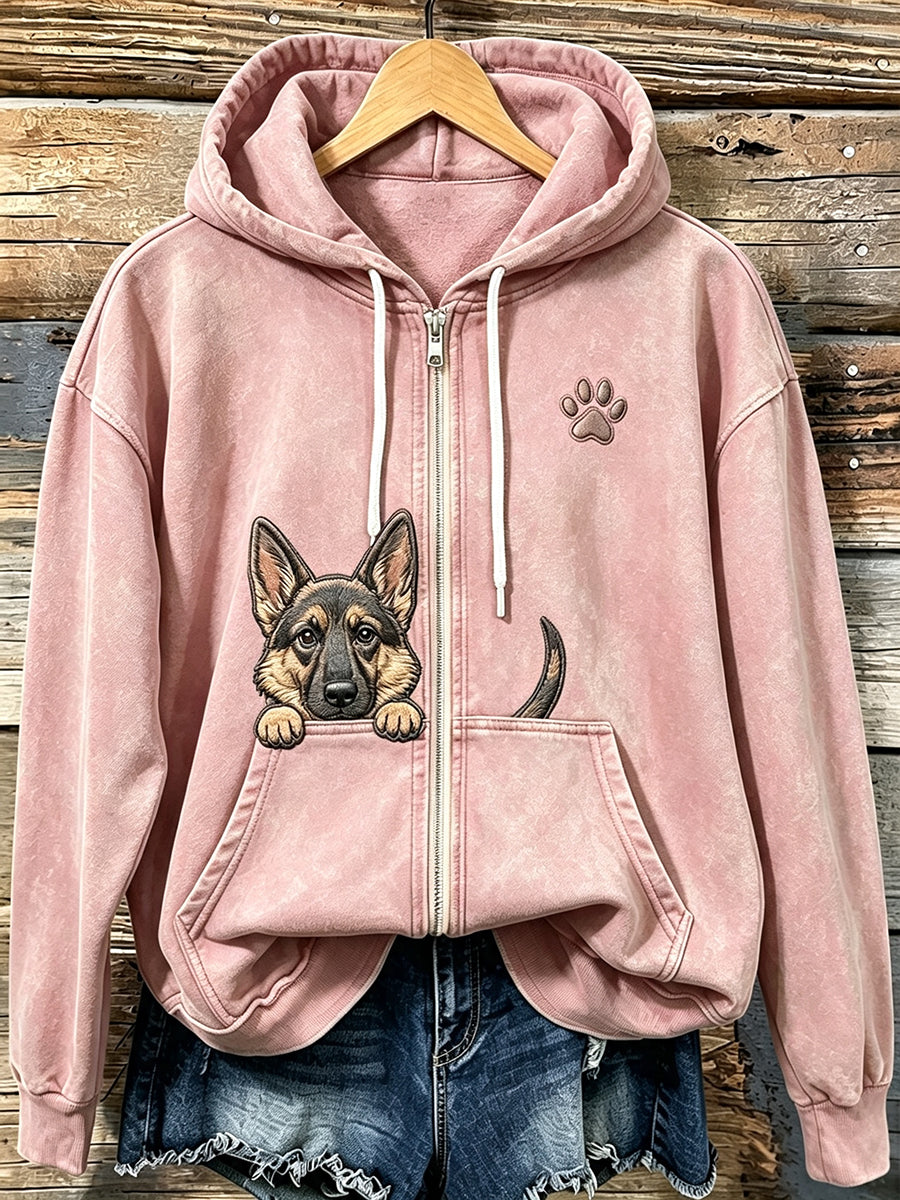 Women's Cute Peeking German Shepherd with Paw Print Cozy Zip-Up Hoodie