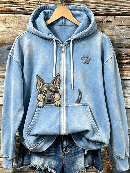 Women's Cute Peeking German Shepherd with Paw Print Cozy Zip-Up Hoodie