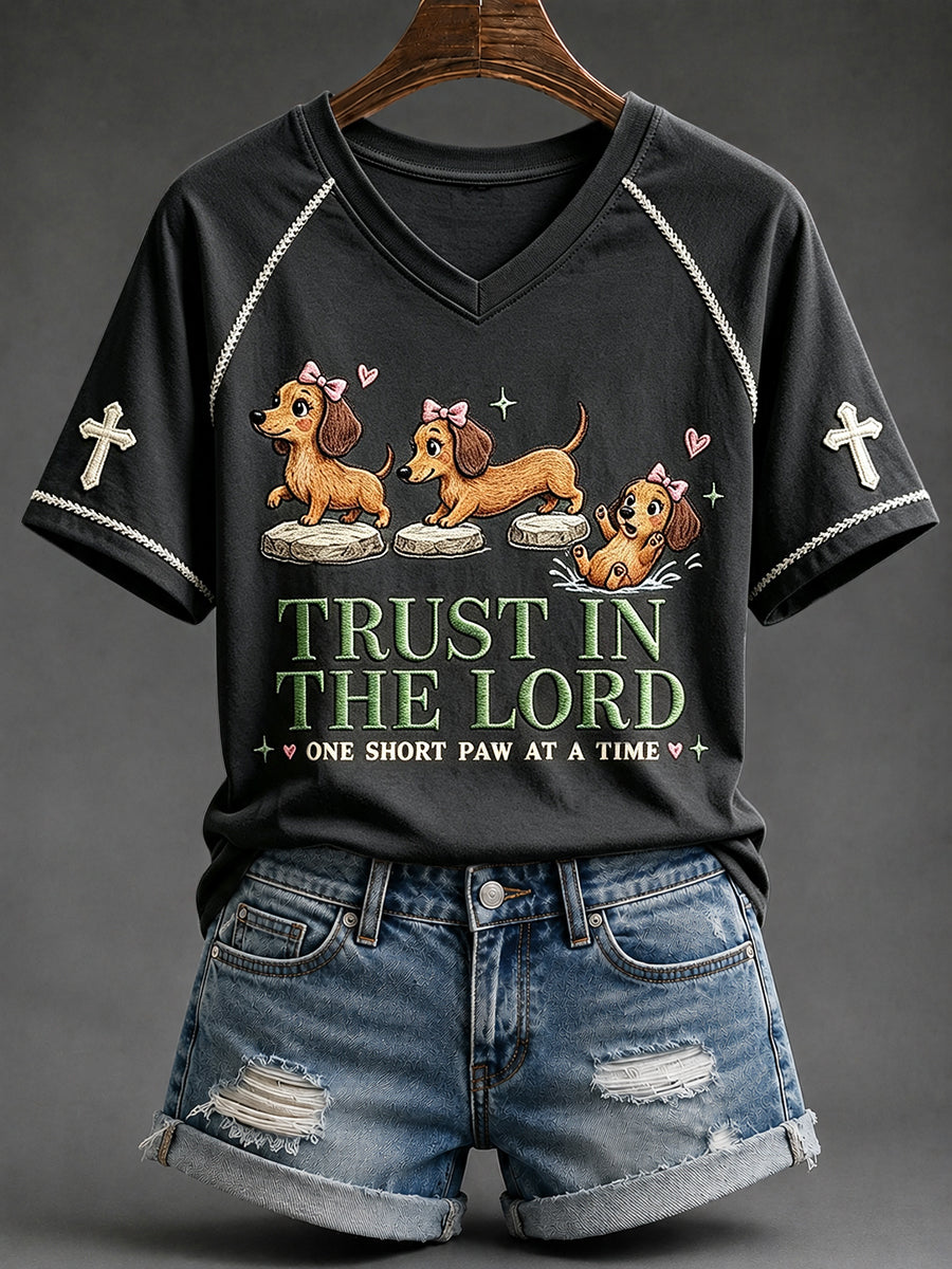 Women's Trust in the Lord Funny Christian Dachshund Print V-neck Short-sleeved T-shirt