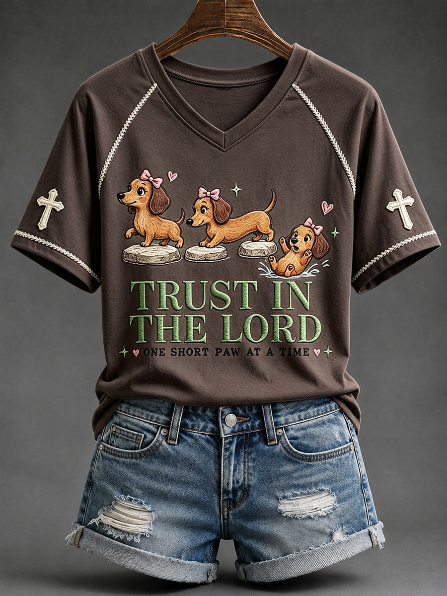 Women's Trust in the Lord Funny Christian Dachshund Print V-neck Short-sleeved T-shirt
