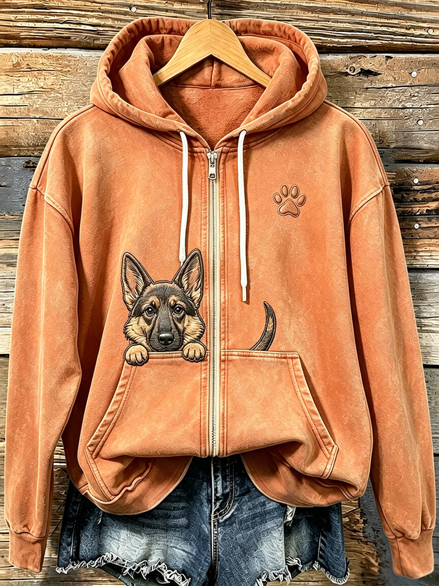 Women's Cute Peeking German Shepherd with Paw Print Cozy Zip-Up Hoodie