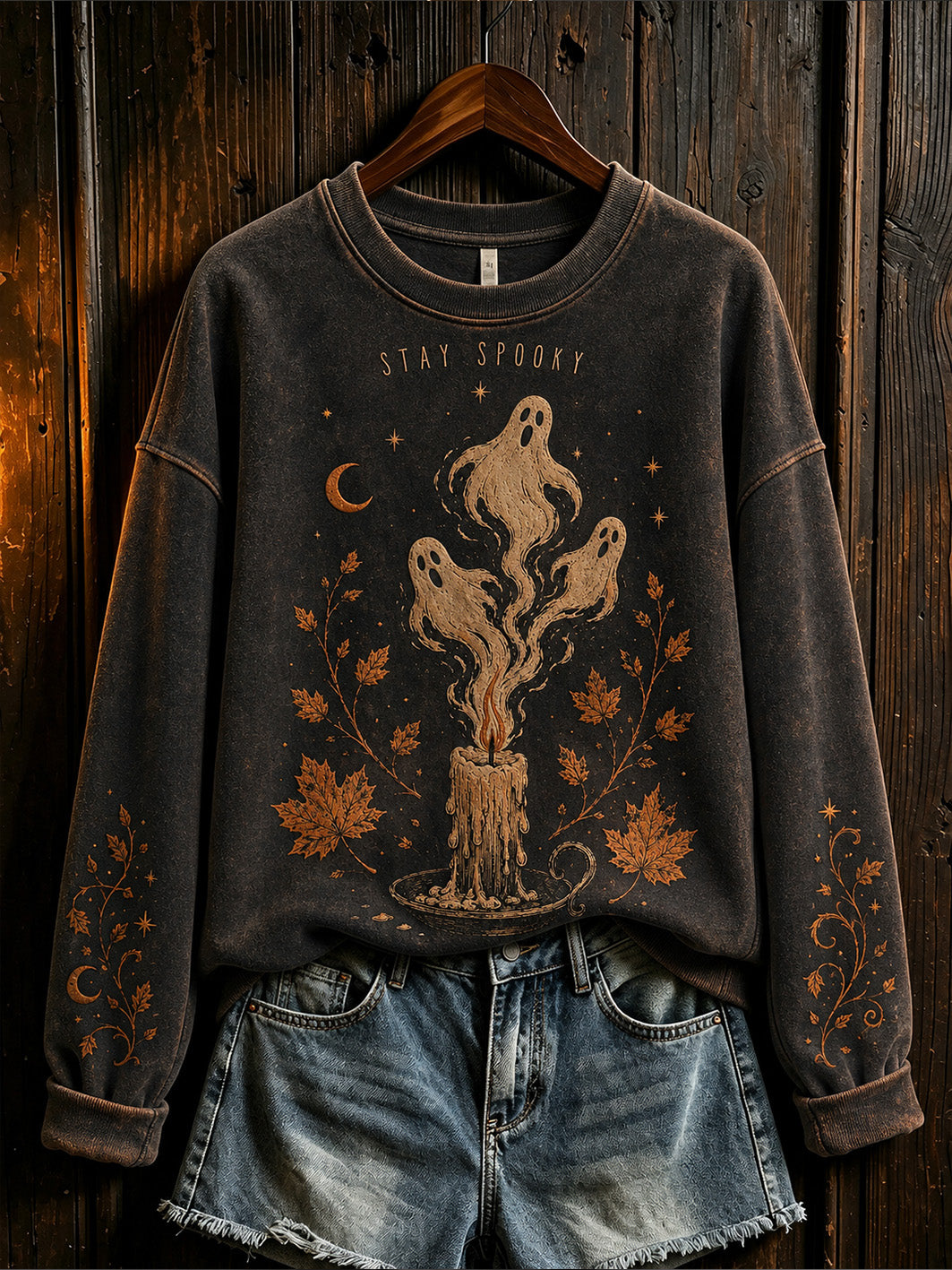 Women's retro Halloween pattern printed casual round neck sweater