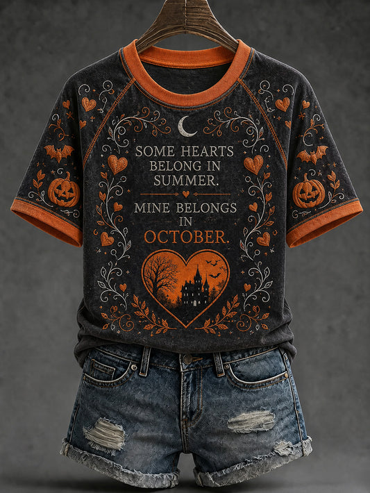 Women's retro Halloween pattern printed casual round neck short sleeve T-shirt
