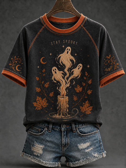 Women's retro Halloween pattern printed casual round neck short sleeve T-shirt