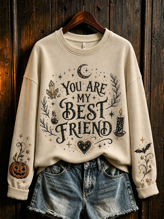 Women's retro Halloween pattern printed casual round neck sweater