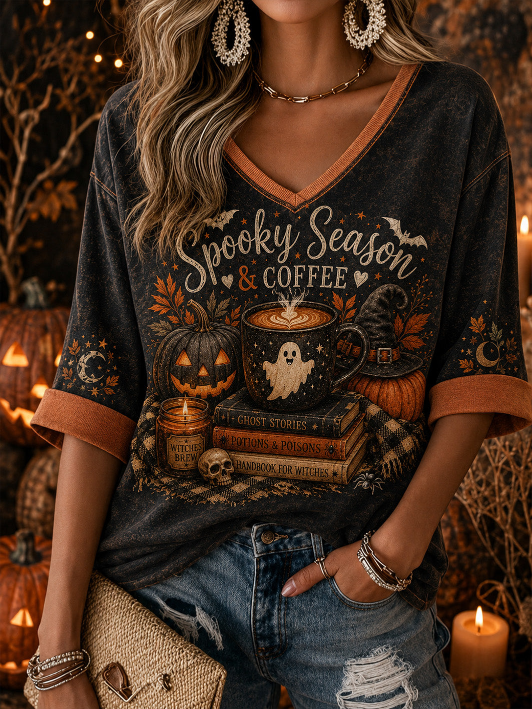 Women's Retro Halloween Pattern Printed Casual Mid-length Sleeves V-Neck T-Shirt