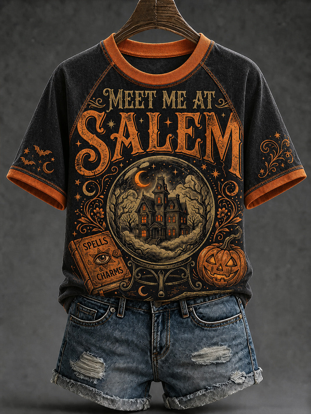 Women's retro Halloween pattern printed casual round neck short sleeve T-shirt