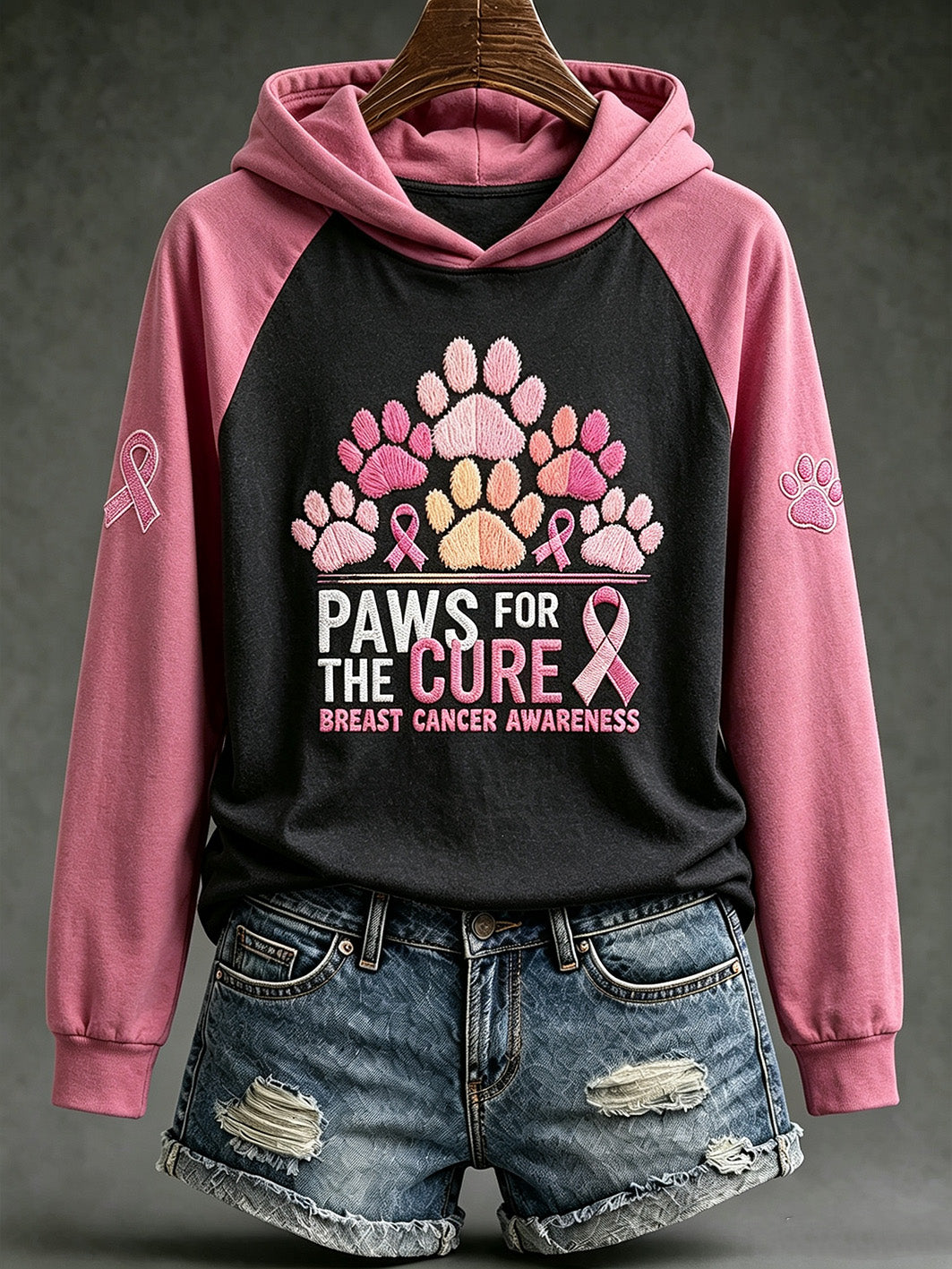 Women's Breast Cancer Themed Cute Dog Paw Pattern Prints Casual Hoodie