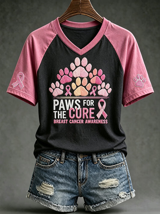 Women's Breast Cancer Themed Cute Dog Paw Pattern Printed V-neck Short-Sleeved T-shirt
