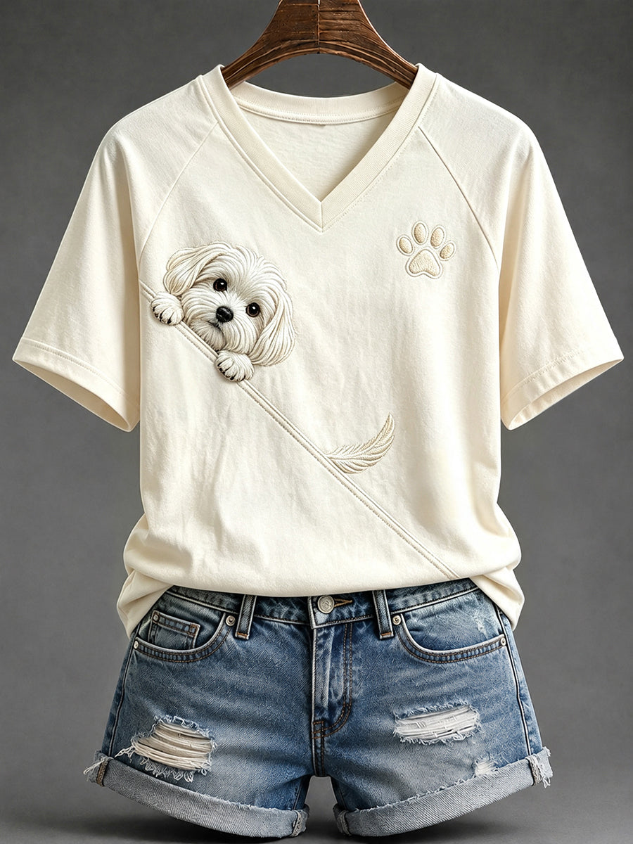 Women's Cute Peeking Maltese Dog with Paw Print V-neck Short-sleeved T-shirt