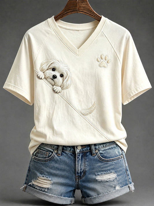 Women's Cute Peeking Maltese Dog with Paw Print V-neck Short-sleeved T-shirt