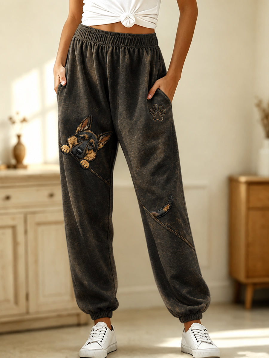 Women's Cute Peeking German Shepherd with Paw Print Cozy Sweatpants