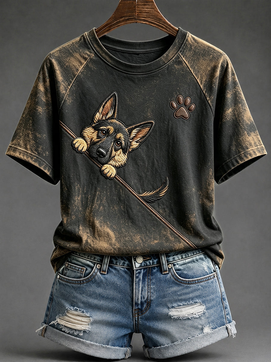 Women's Cute Peeking German Shepherd with Paw Print Round Neck Short Sleeve T-shirt