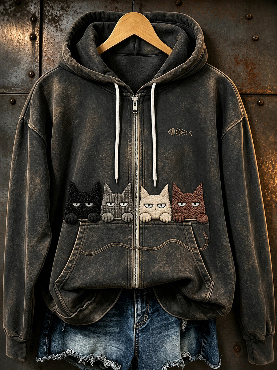 Retro Animal Art Print Casual Zip-Up Hoodie