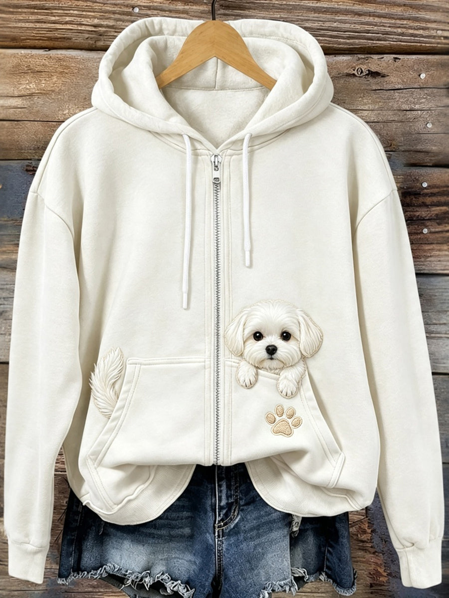 Women's Cute Peeking Maltese Dog Print Zip-Up Hoodie