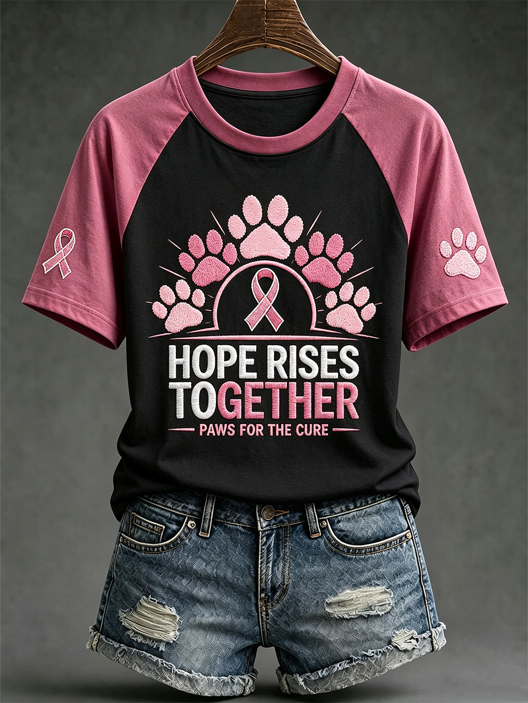 Women's Breast Cancer Theme Cute Dog Paw Pattern Printed Casual Short Sleeve T-Shirt