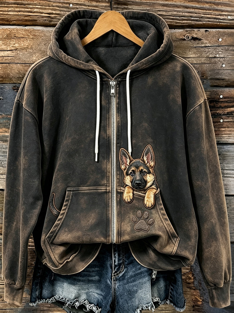 Women's Cute Peeking German Shepherd Print Zip-Up Hoodie