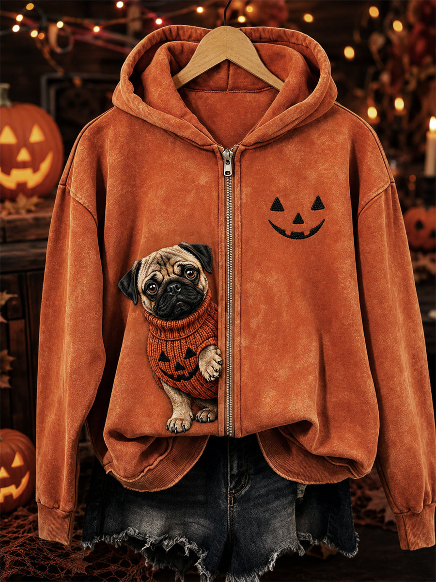 Women's Halloween Peeking Pug Dog & Pumpkin Face Print Full Zip Hoodie