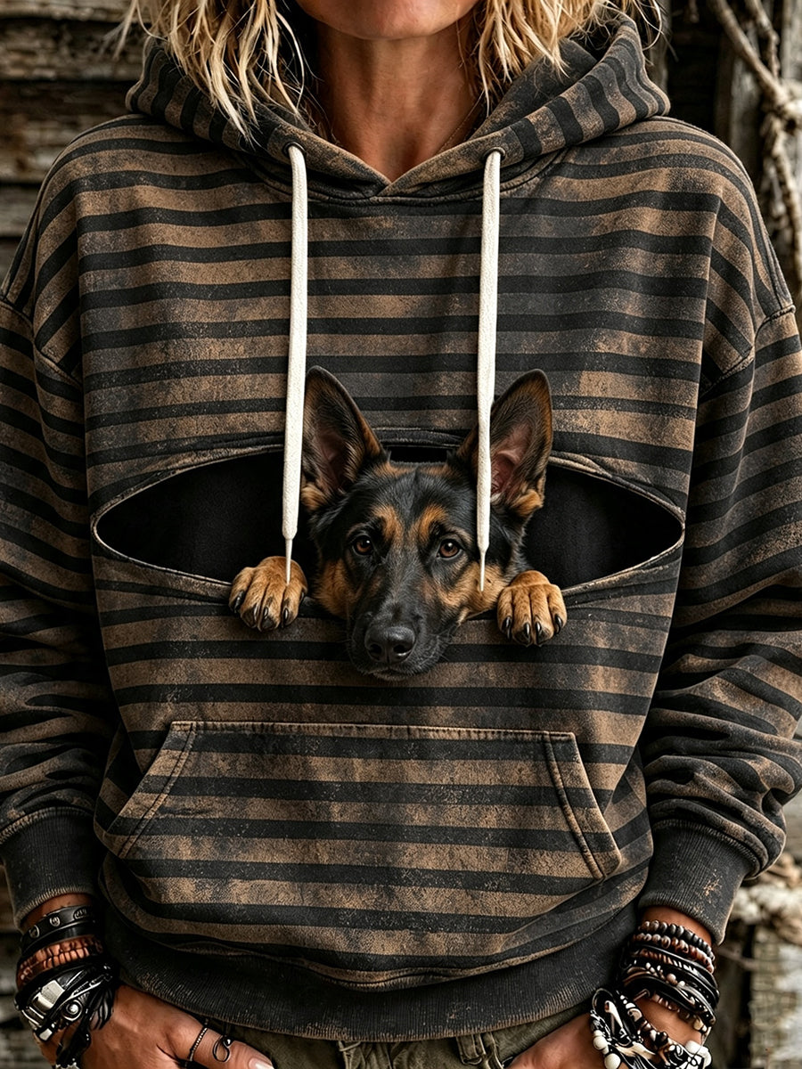Women's Cute Peeking German Shepherd Striped Print Comfy Hoodie