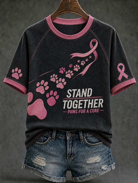 Women's Breast Cancer Theme Cute Dog Paw Pattern Printed Casual Short Sleeve T-Shirt