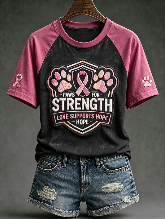 Women's Breast Cancer Theme Cute Dog Paw Pattern Printed Casual Short Sleeve T-Shirt