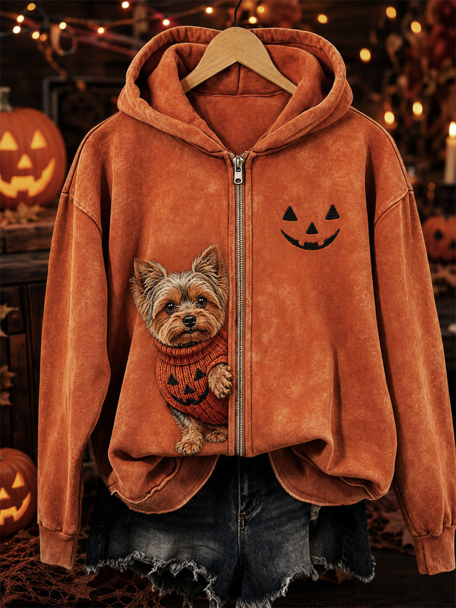 Women's Halloween Peeking Yorkie Dog & Pumpkin Face Print Full Zip Hoodie