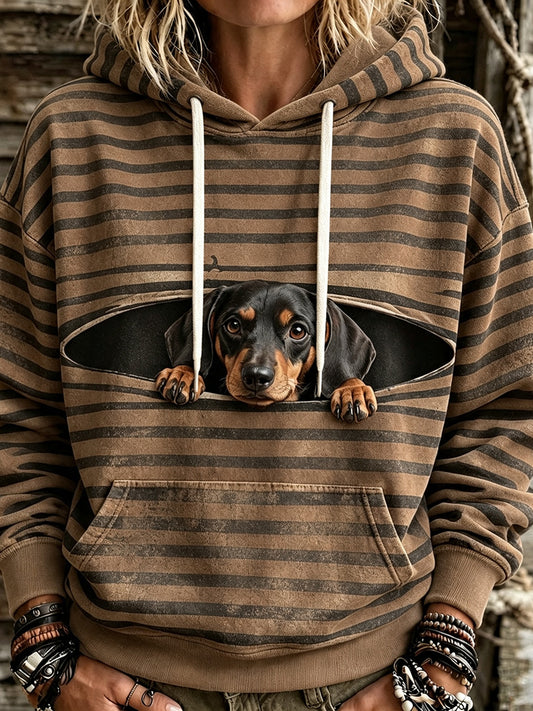 Women's Cute Peeking Dachshund Striped Print Comfy Hoodie