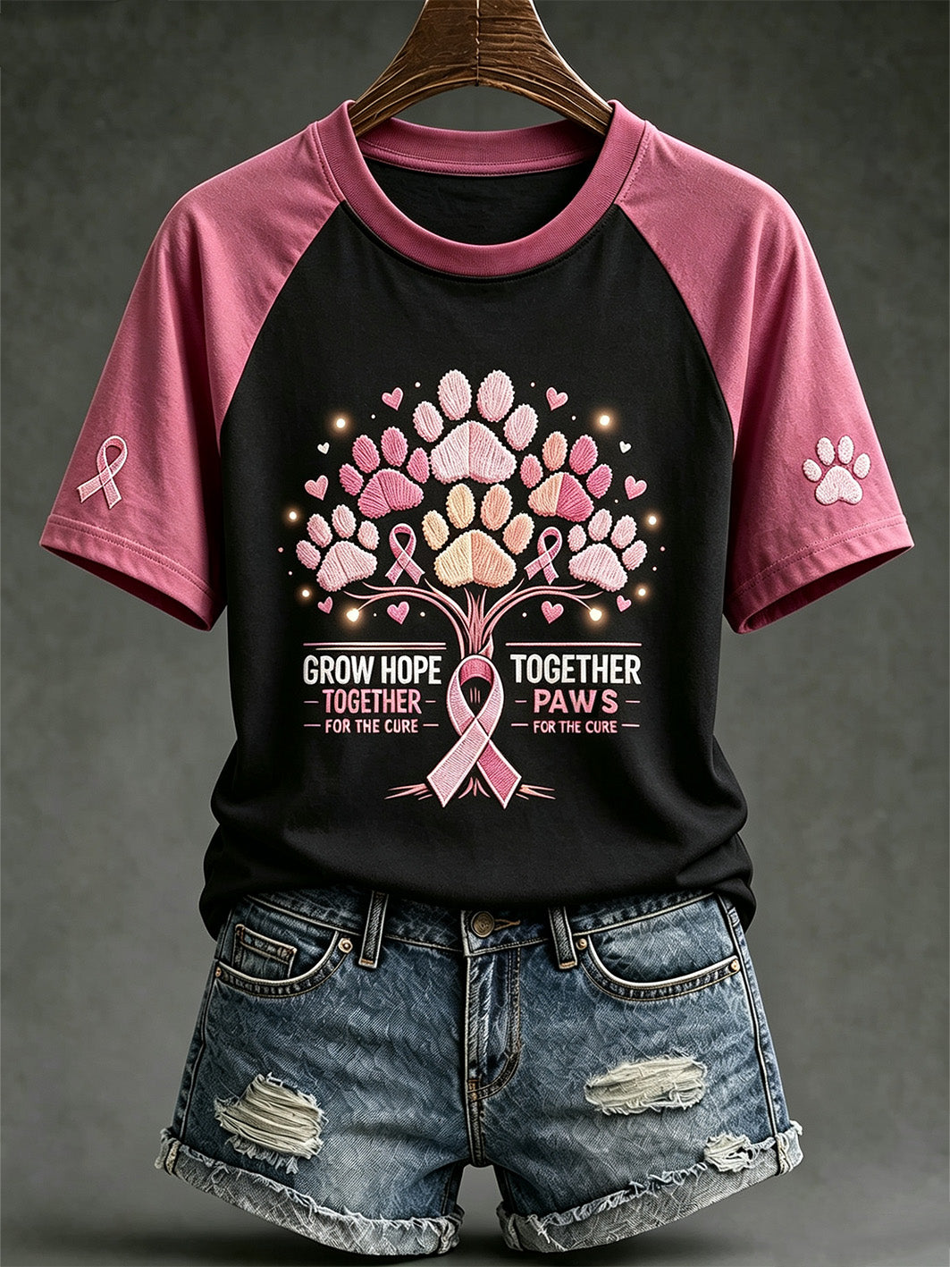 Women's Breast Cancer Theme Cute Dog Paw Pattern Printed Casual Short Sleeve T-Shirt