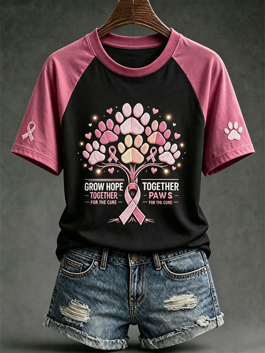 Women's Breast Cancer Theme Cute Dog Paw Pattern Printed Casual Short Sleeve T-Shirt
