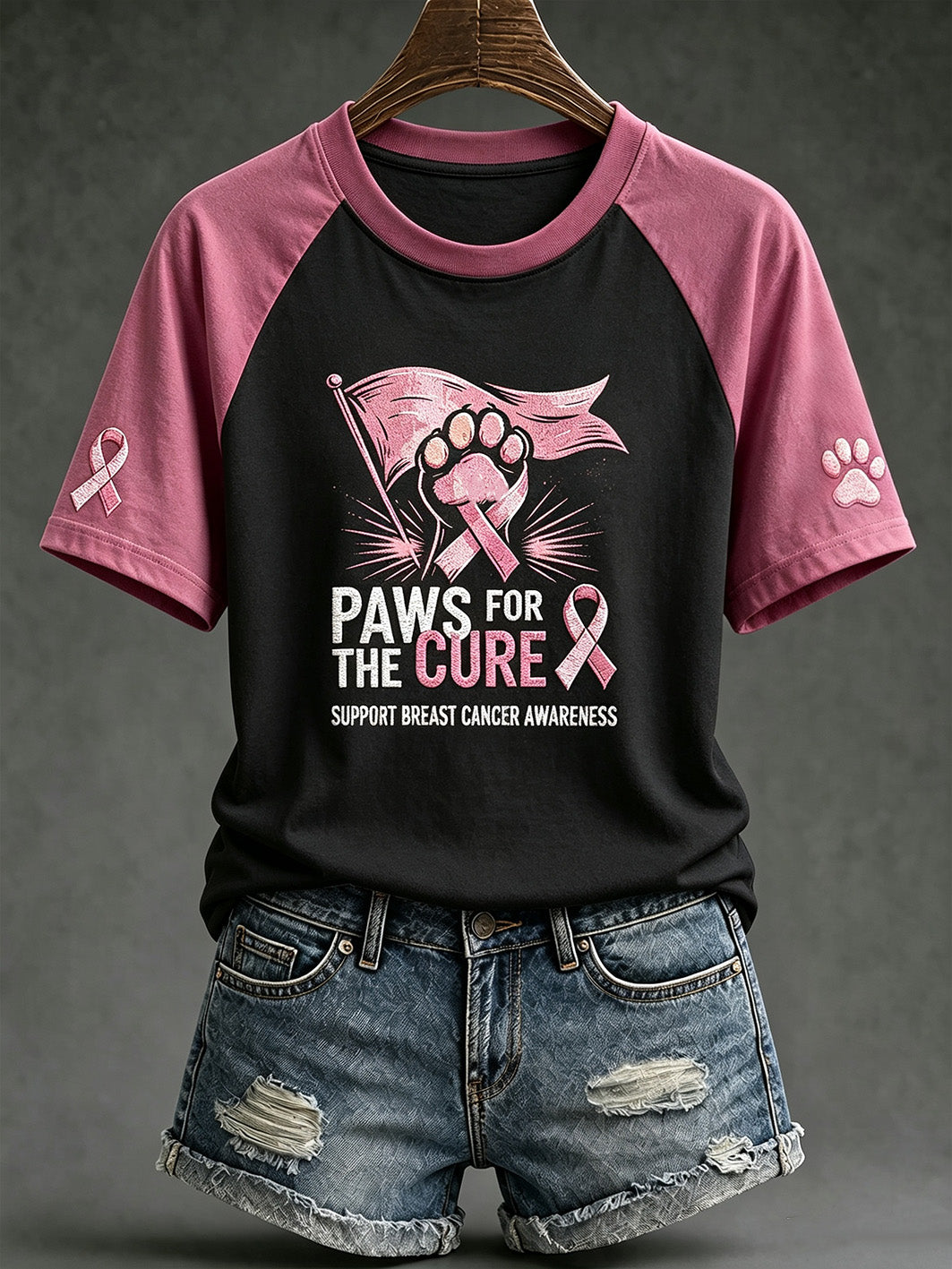 Women's Breast Cancer Theme Cute Dog Paw Pattern Printed Casual Short Sleeve T-Shirt